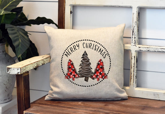 Merry Christmas Trees Christmas Pillow Cover - Buffalo Plaid Tree- Christmas Decorations Farmhouse Decor Throw Pillow Cover