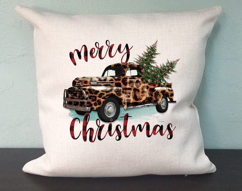 Merry Christmas Vintage Truck Trees Christmas Pillow Cover - Leopard Print Truck - Christmas Decorations Farmhouse Decor Throw Pillow Cover