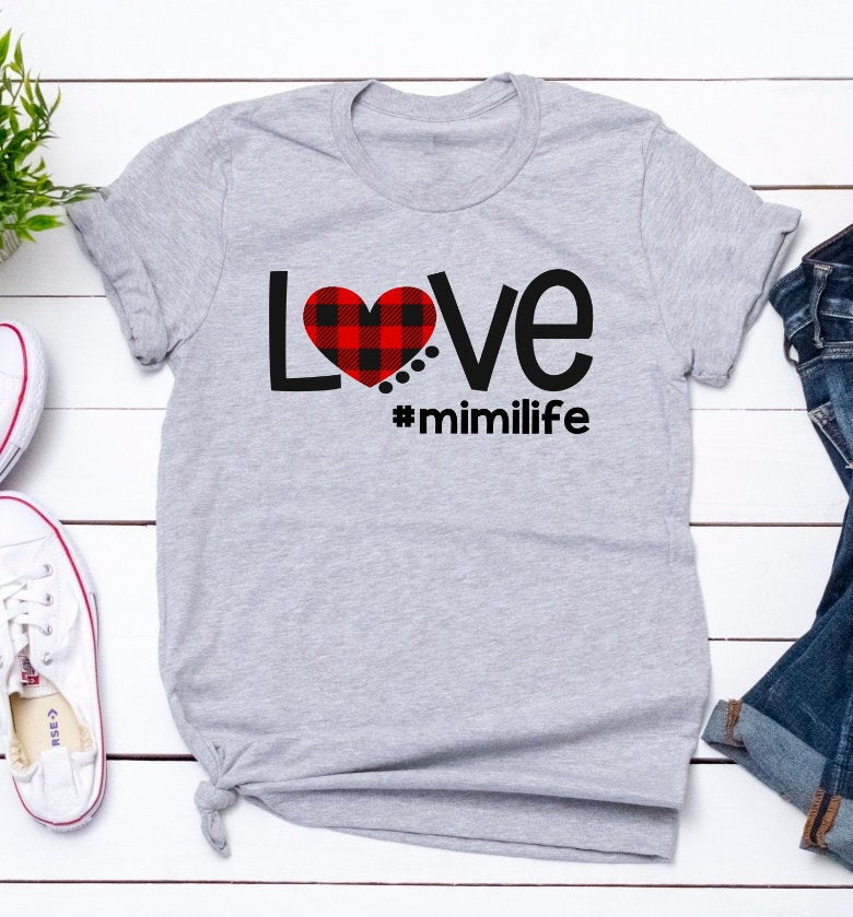 Love Mimi Grandma Buffalo Plaid Hearts Bella Novelty T-Shirt