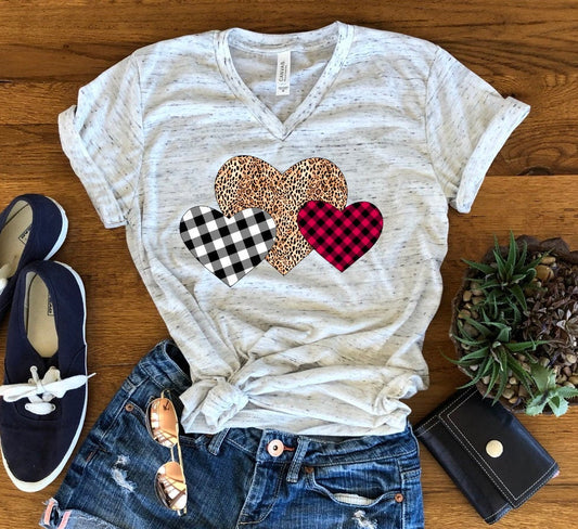 Valentines Hearts Leopard Plaid Valentine&#39;s Day Bella Unisex V Neck T-Shirt