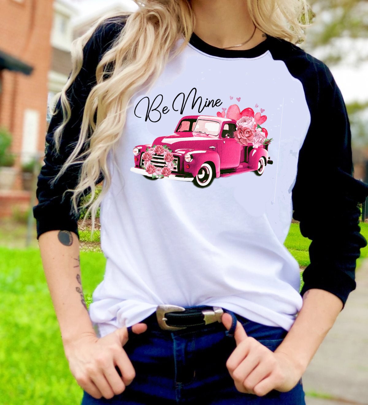 Be Mine Valentines Pink Vintage Truck Hearts Valentine&#39;s Day Tee Raglan shirt
