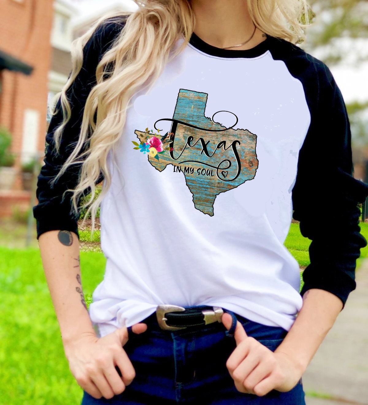 Texas In My Soul Floral Watercolor Unisex Raglan Graphic Tee T-Shirt