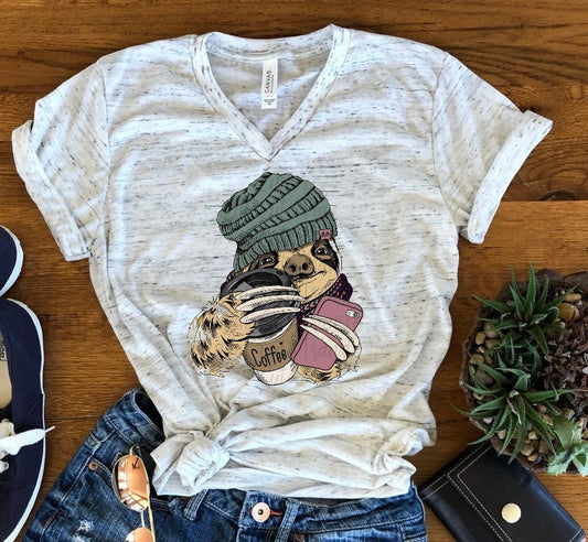 Hipster Sloth With Coffee Unisex V Neck Graphic Tee T-Shirt