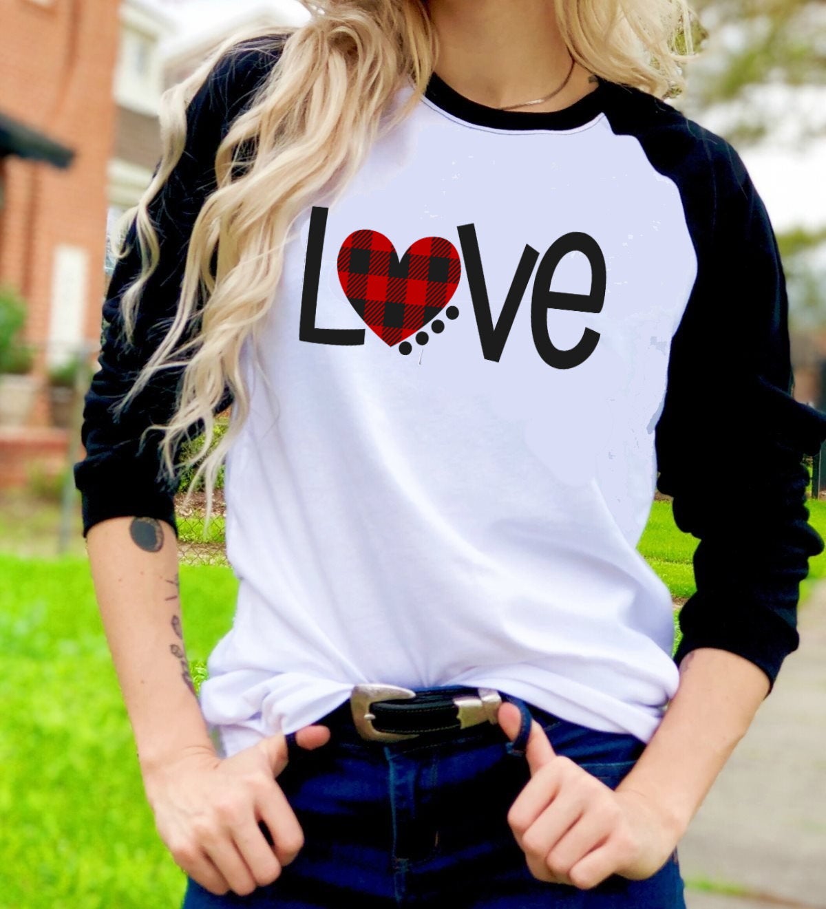 Valentines Buffalo Plaid Heart Love Hearts Valentine&#39;s Day Tee Raglan shirt