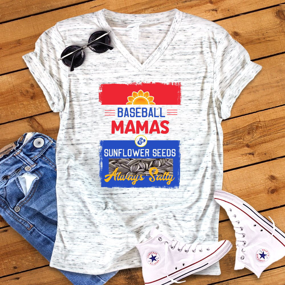 Baseball Mamas and Sunflower Seeds Always Salty Baseball Mom Unisex V Neck Graphic Tee T-Shirt