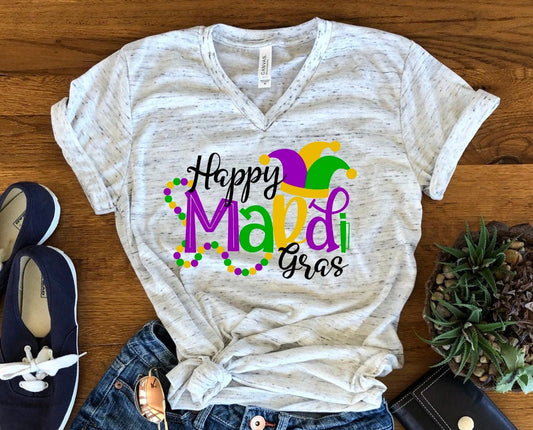 Happy Mardi Gras Beads Fun Unisex V Neck Graphic Tee T-Shirt