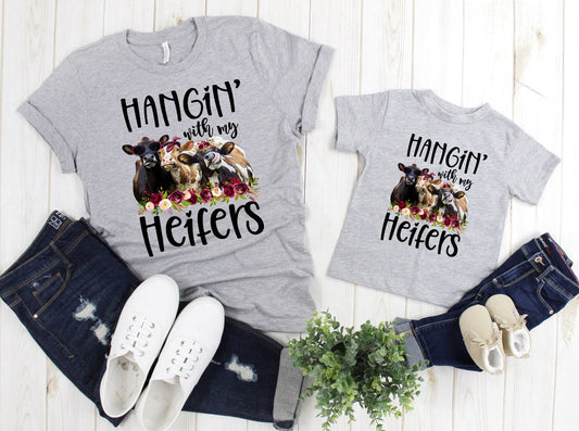 Hangin Hanging With My Heifers Funny Cow Farm Adult Kids Toddler Baby Shirt