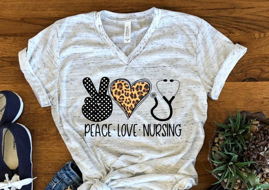 Peace Love Nursing RN Love Nurse Novelty Graphic Unisex V Neck Graphic Tee T-Shirt