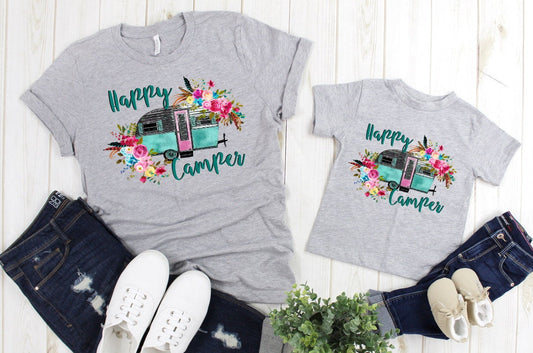 Happy Camper Floral Camper Camping Vacation Adult Kids Toddler Baby Shirt
