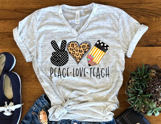 Peace Love Teach Novelty Graphic Inspirational  Teacher Unisex V Neck Graphic Tee T-Shirt