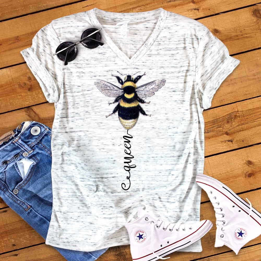 Queen Bee Bumble Bee Unisex V Neck Graphic Tee T-Shirt