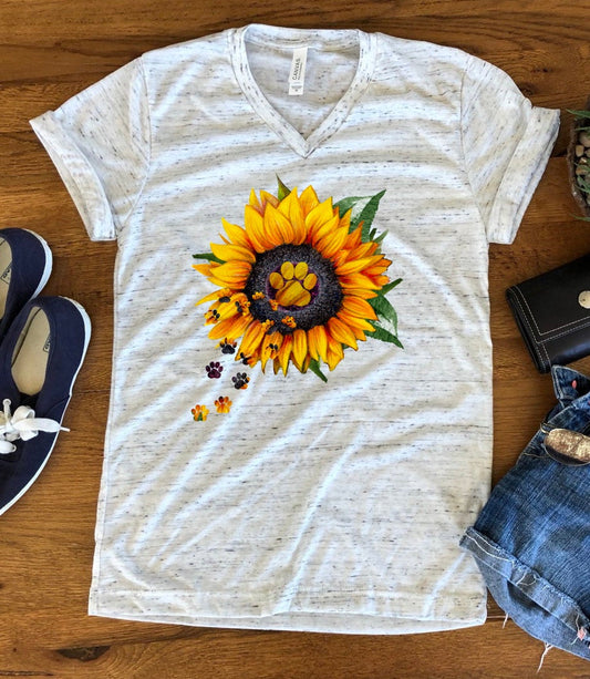 Sunflower Paw Print Cat Lover Dog Mom Pet Lover Fur Mom Bella White Marble Unisex V Neck T-Shirt