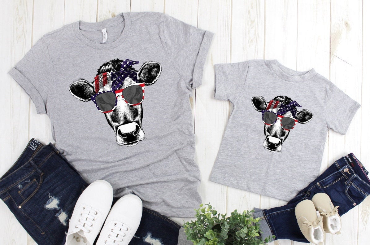 Patriotic American Cows With Sunglasses Heifers Funny Cow Farm Adult Kids Toddler Baby Shirt