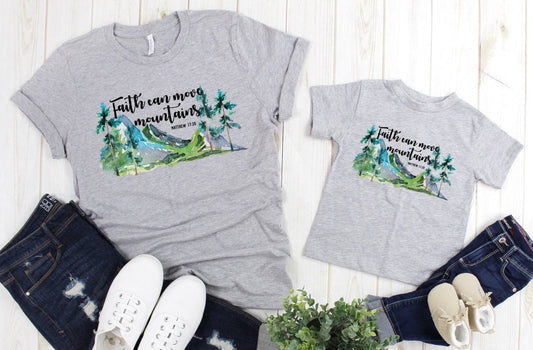 Faith Can Move Mountains Christian Watercolor Hiking Woods Camping Adult Kids Toddler Baby Shirt