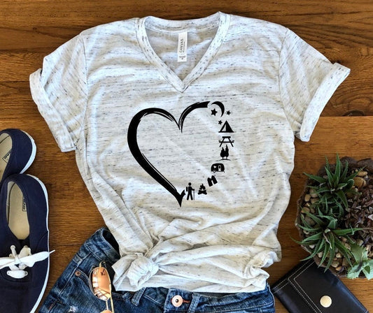 Heart Camper Camping RV Love Camping Unisex V Neck Graphic Tee T-Shirt