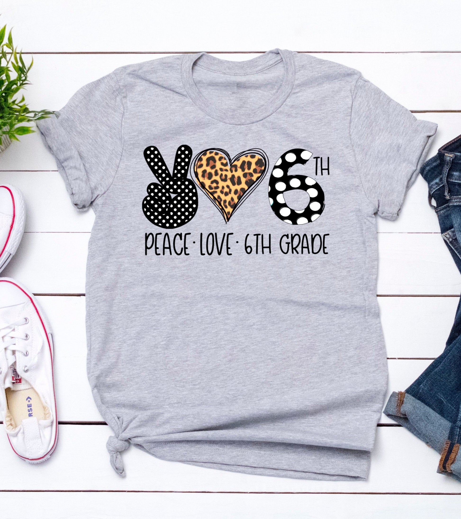 Peace Love 6th Grade Teach Teaching Teacher Fun Tee Grey Shirt Novelty T-Shirt