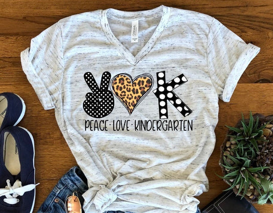 Peace Love Kindergarten Teach Novelty Graphic Inspirational  Teacher Unisex V Neck Graphic Tee T-Shirt