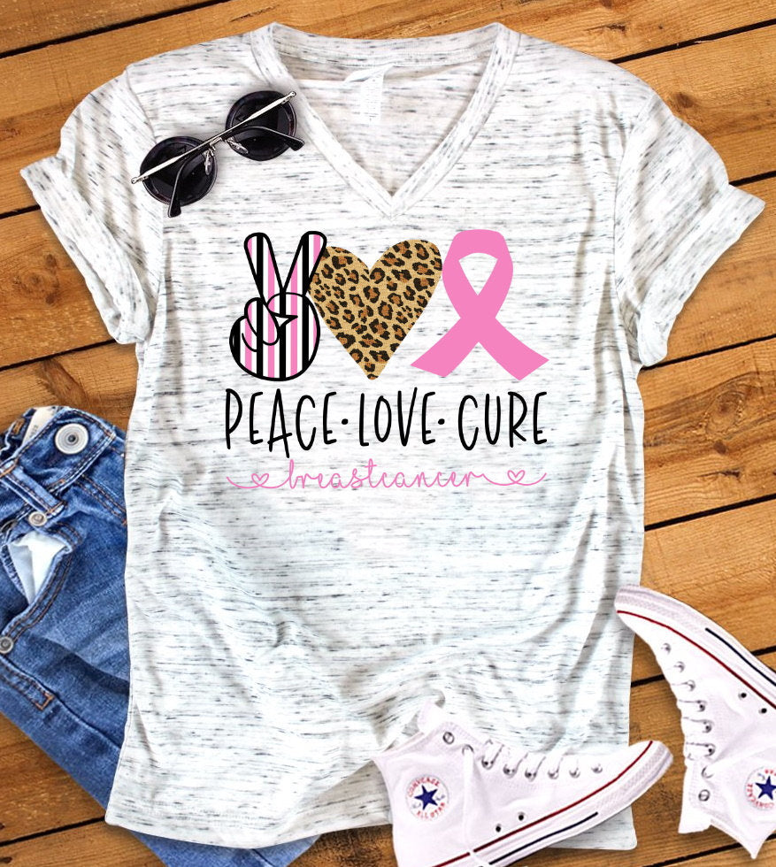 Peace Love Cure Breast Cancer Awareness Bella Unisex V Neck T-Shirt