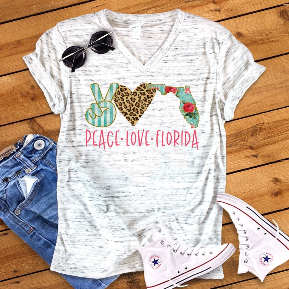 Peace Love Florida Watercolor Unisex V Neck Graphic Tee T-Shirt
