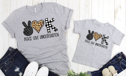 Peace Love Kindergarten Kinder Teacher Adult Kids Toddler Baby Shirt