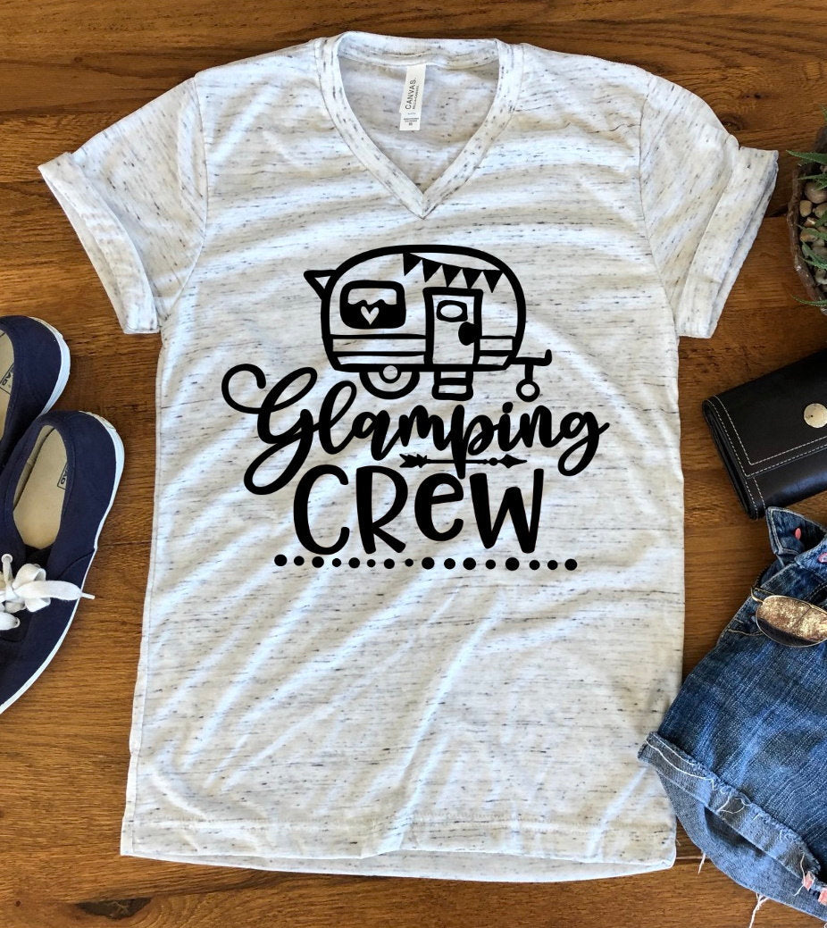 Glamping Crew Camper Camping RV Unisex V Neck Graphic Tee T-Shirt