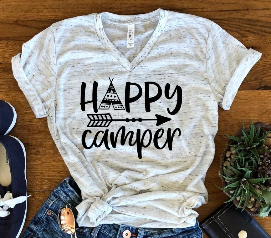 Happy Camper Camping RV Glamping Unisex V Neck Graphic Tee T-Shirt