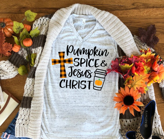 Pumpkin Spice And Jesus Christ Fall Autumn Truck Bella Unisex V Neck T-Shirt