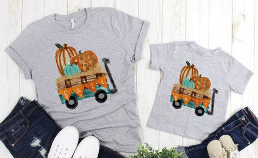 Fall Leopard Print Pumpkin Wagon Autumn Hay Ride Orchard Adult Kids Toddler Baby Shirt