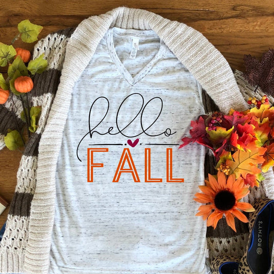 Hello Fall Autumn Pumpkin Patch Bella Unisex V Neck T-Shirt