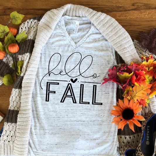 Hello Fall Heart Autumn Pumpkin Patch Bella Unisex V Neck T-Shirt