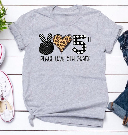 Peace Love 5th Grade Teach Teaching Teacher Fun Tee Grey Shirt Novelty T-Shirt