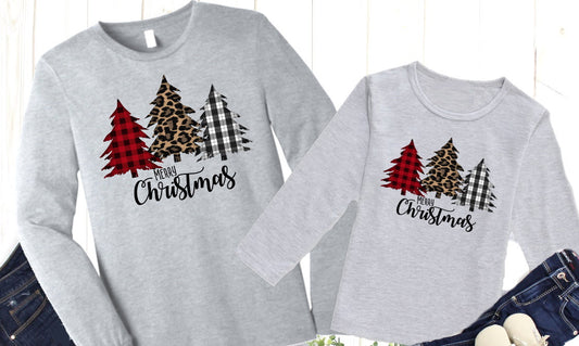 Merry Christmas Buffalo Plaid Leopard Print Christmas Trees Adult Kids Toddler Long Sleeve Shirt