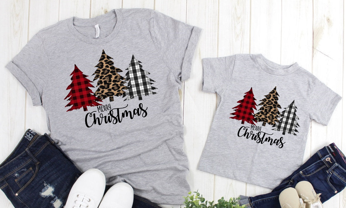 Merry Christmas Buffalo Plaid Leopard Print Christmas Trees Adult Kids Toddler Long Sleeve Shirt