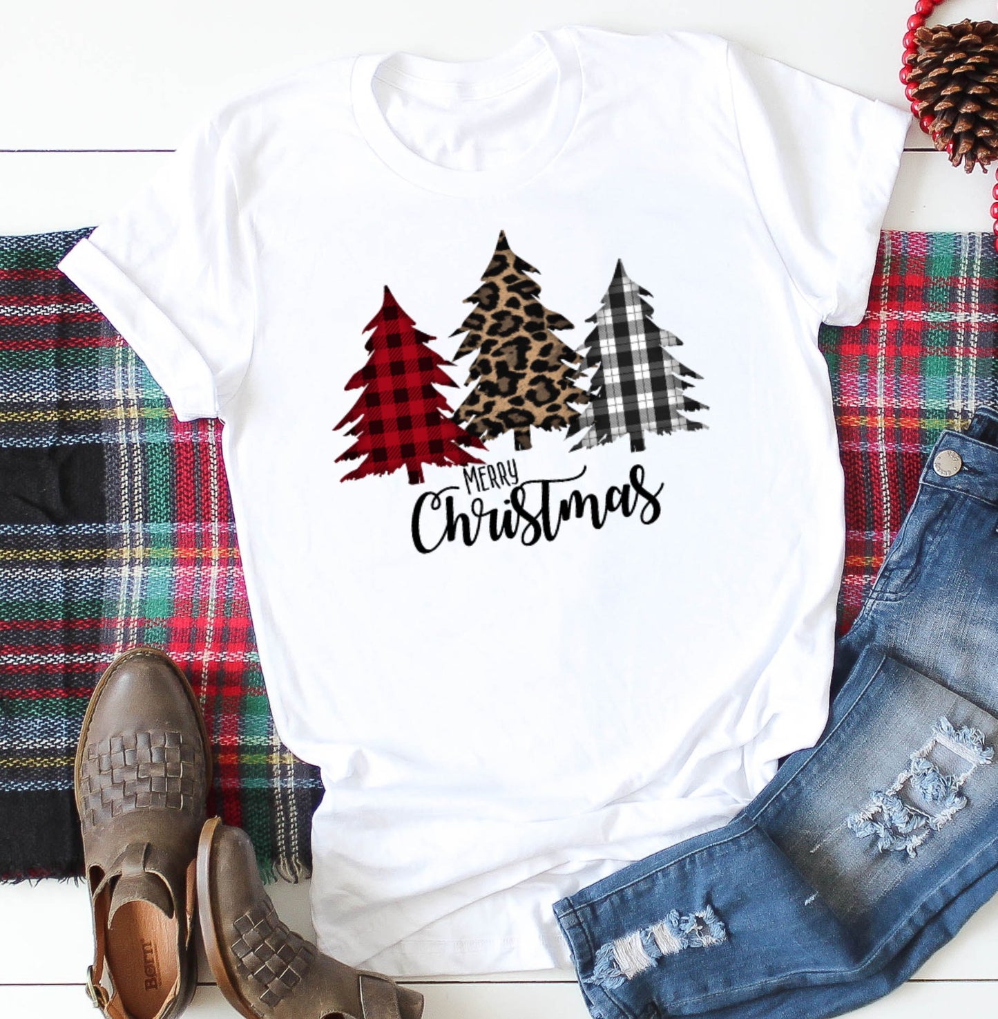 Merry Christmas Buffalo Plaid Leopard Print Christmas Trees Adult Kids Toddler Long Sleeve Shirt