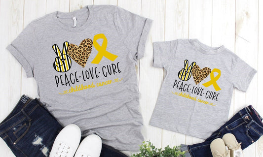 Peace Love Cure Childhood Cancer Awareness Adult Kids Toddler Baby Shirt