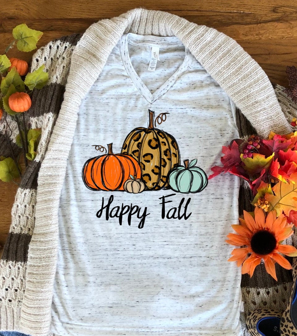 Happy Fall Pumpkin Leopard Print Fall Autumn Bella Unisex V Neck T-Shirt