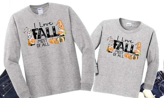 I Love Fall Most Of All Gnomes Autumn Hay Ride Orchard Adult Kids Toddler Long Sleeve Shirt