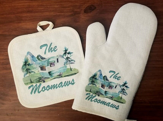 Personalized Oven Mitt & Pot Holder Set, Camper Gift Set Personalized Oven Mitts, Gifts for Mom, Camping RV