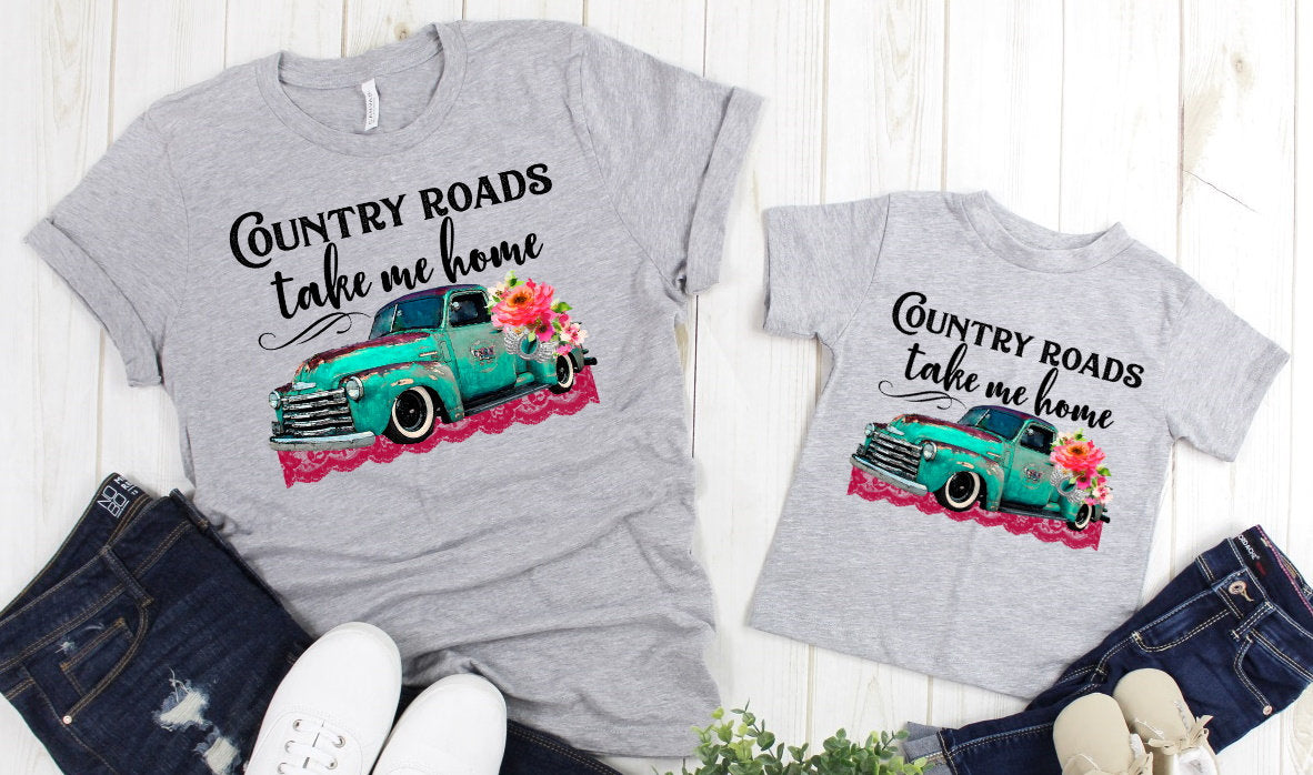 Country Roads Old Car Floral Watercolor Adult Kids Toddler Baby Shirt