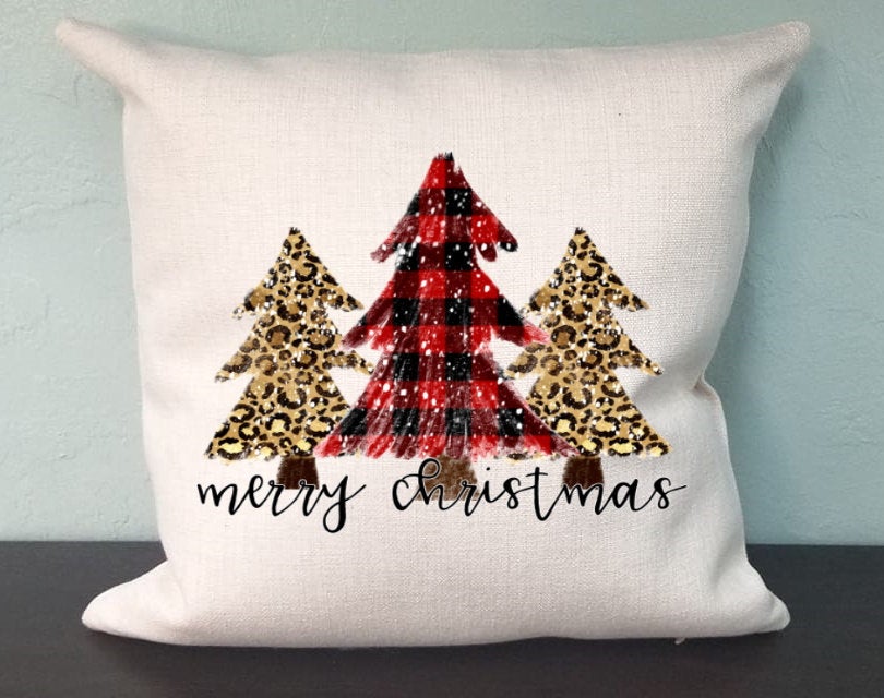 Merry Christmas Trees Pillow Cover - Leopard Buffalo Plaid - Christmas Decorations Farmhouse Decor Throw Pillow Cover