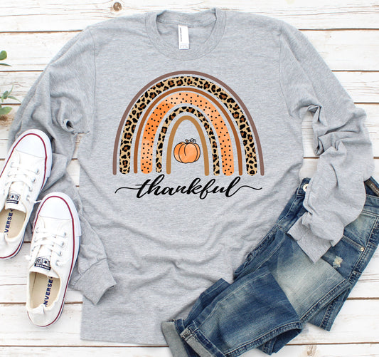 Thankful Rainbow Pumpkin Thanksgiving Autumn Hay Ride Orchard Adult Kids Toddler Long Sleeve Shirt