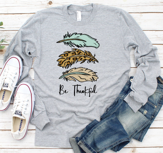 Be Thankful Leaves Leopard Thanksgiving Autumn Hay Ride Orchard Adult Kids Toddler Long Sleeve Shirt