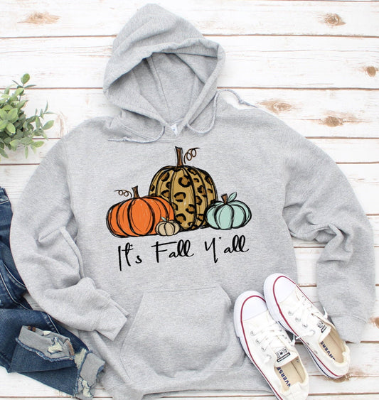 Fall Y&#39;all Pumpkins Thanksgiving Fall Autumn Grey Long Sleeve Hooded Sweatshirt Gray Hoodie Shirt Thanksgiving Sweater