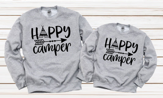 Happy Camper Arrow Tribe Camping RV Grey Long Sleeve Sweatshirt Gray Shirt Sweater