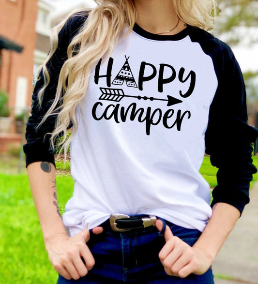 Happy Camper Camping RV Arrow Tribe Camper Novelty Graphic Tee T-Shirt Raglan Shirt