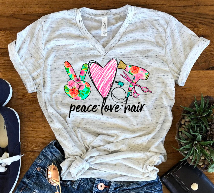 Peace Love Hair Stylist, Beautician, Cosmetologist, Hair Dresser Shirt Unisex V Neck Graphic Tee T-Shirt