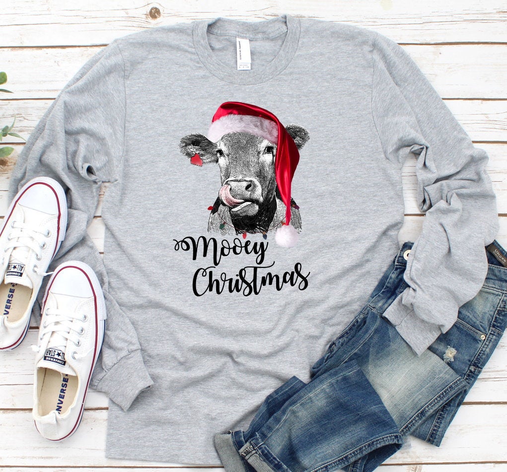 Mooey Christmas Funny Cow Santa Hat Christmas Adult Kids Toddler Long Sleeve Shirt