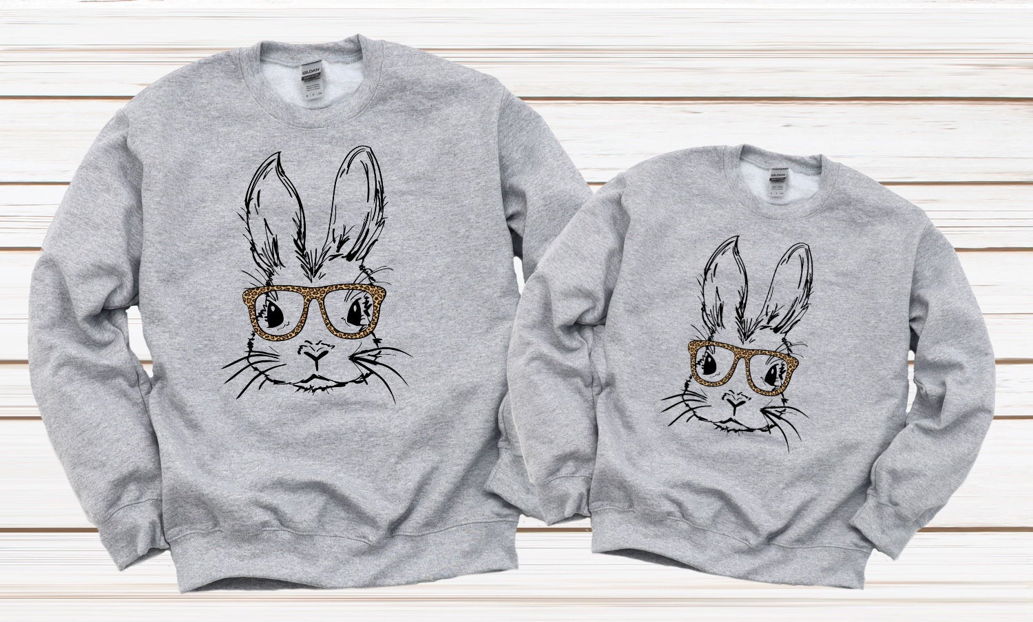 Bunny Rabbit With Leopard Print Glasses Grey Long Sleeve Sweatshirt Gray Shirt Sweater