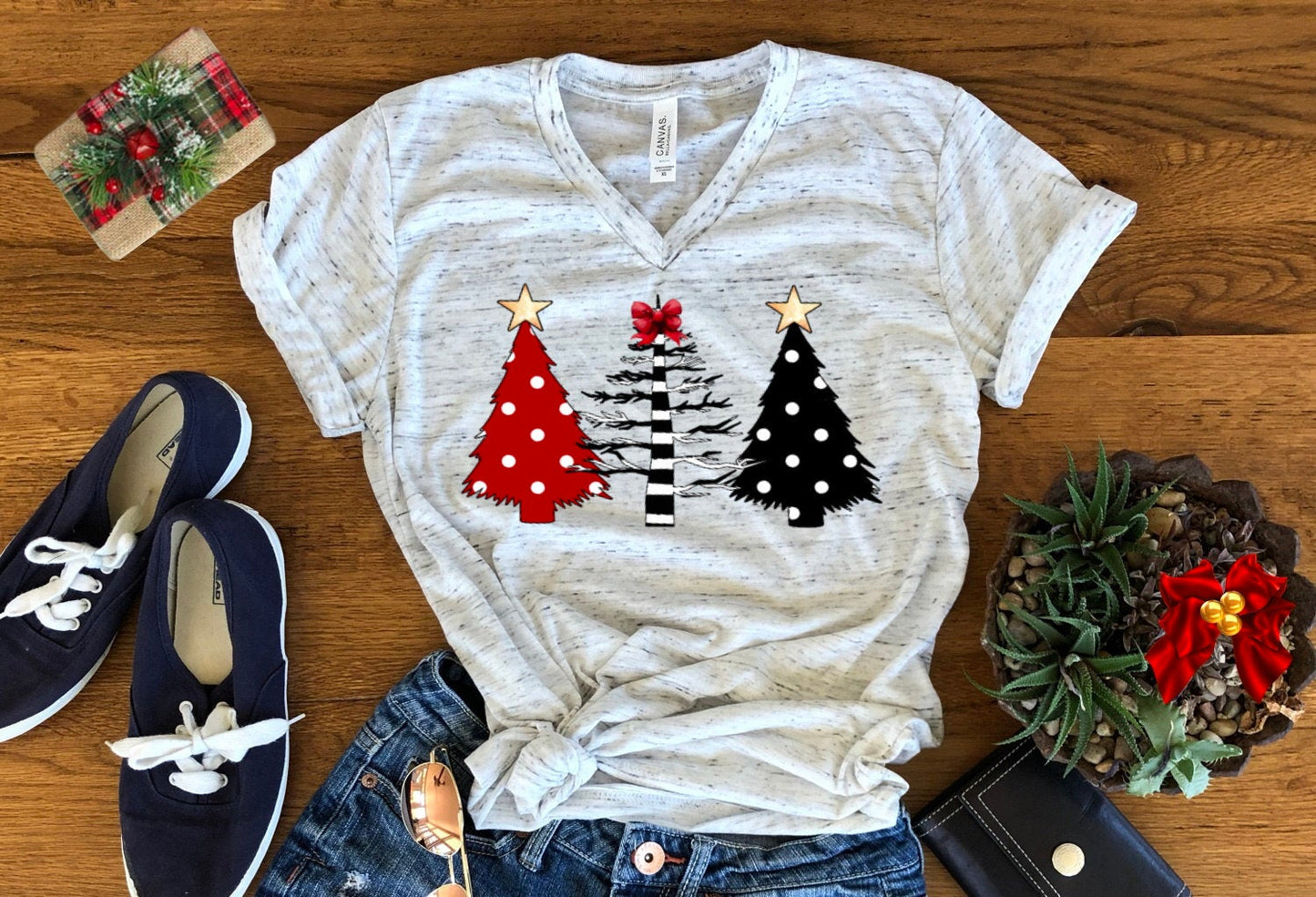 Wild Christmas Trees Red Black Polka Dots Tree Christmas Bella Unisex V Neck T-Shirt