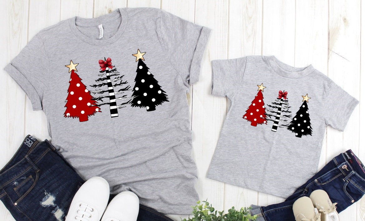 Wild Tree Black Red Polka Dots Merry Christmas Trees Adult Kids Toddler Long Sleeve Shirt